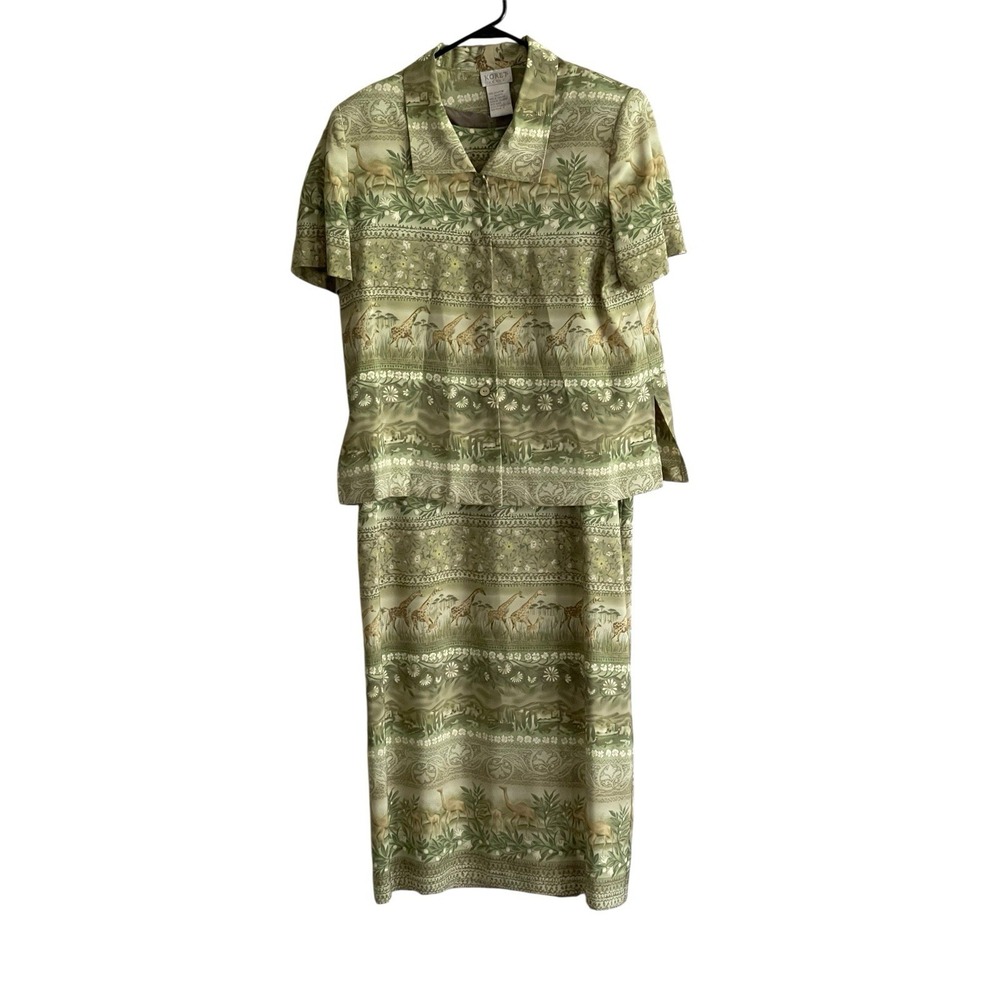Vtg Koret 12 Green Safari Giraffe Camel Sleeveless Dress & Short Sleeve Jacket